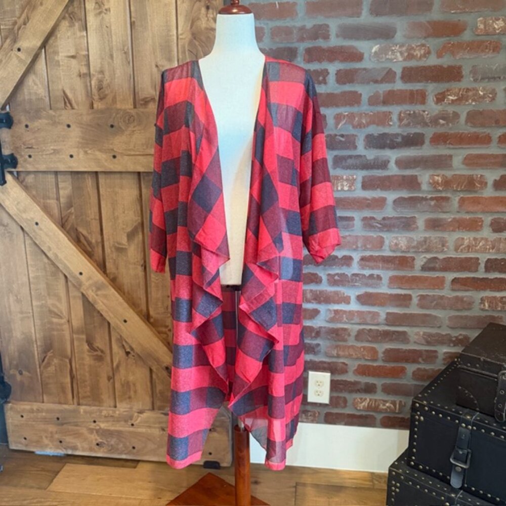LuLaRoe Red Black Buffalo Plaid Duster Cardigan Size Large Sheer Kimono - Picture 2 of 9